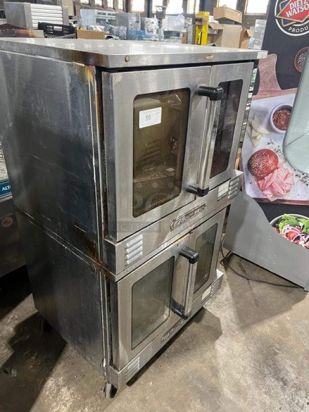 Southbend SL Series stainless steel double stacked gas convection oven, wired rack, on casters, used condition.