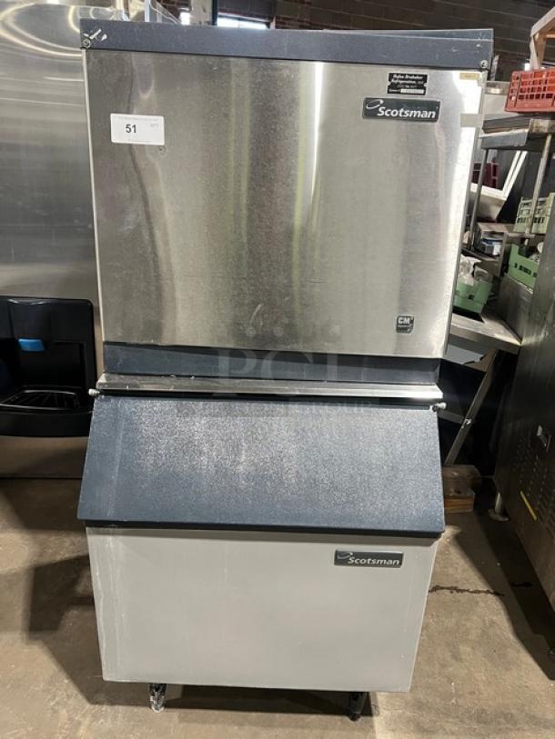 Scotsman CME256AS1H ice machine, stainless steel, air-cooled, on legs, commercial use. Model and brand marked, 115V 1 Phase.
