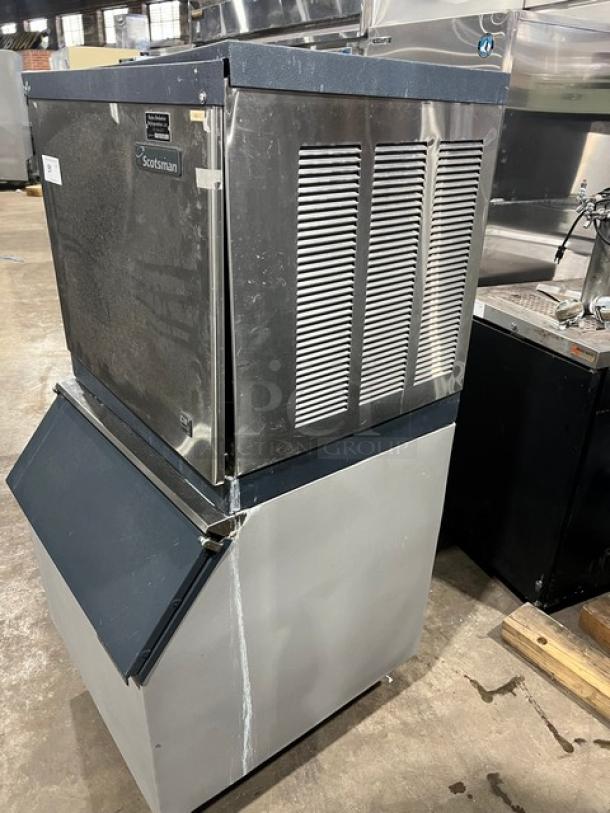 Scotsman CME256AS-1H commercial ice maker, stainless steel, electric, air-cooled, 115V, on legs, used condition.
