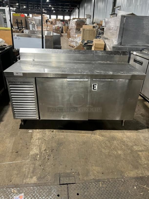 Commercial stainless steel 2-door refrigerated pizza prep table, Model 51268AM, SN: W00000028197, 115V 1 Phase, on legs.