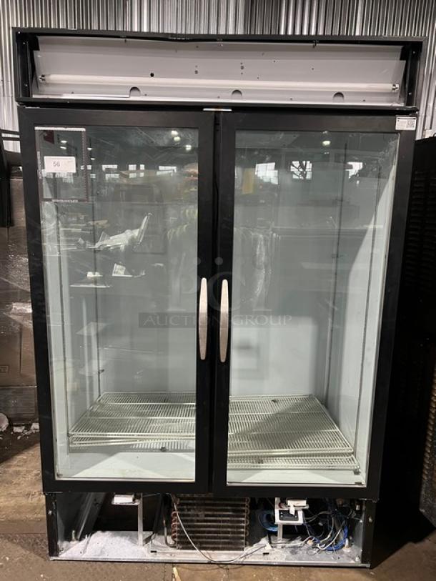 Beverage-Air MarketMax 52" 2-door refrigerated merchandiser, model MMR49-1-B-LED-EL, with glass front and wired racks.