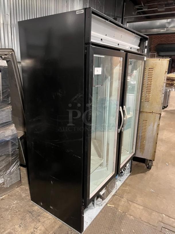 Beverage-Air MarketMax 52" commercial black 2-door glass merchandiser, Model MMR491BLEDEL, with poly coated wired rack.
