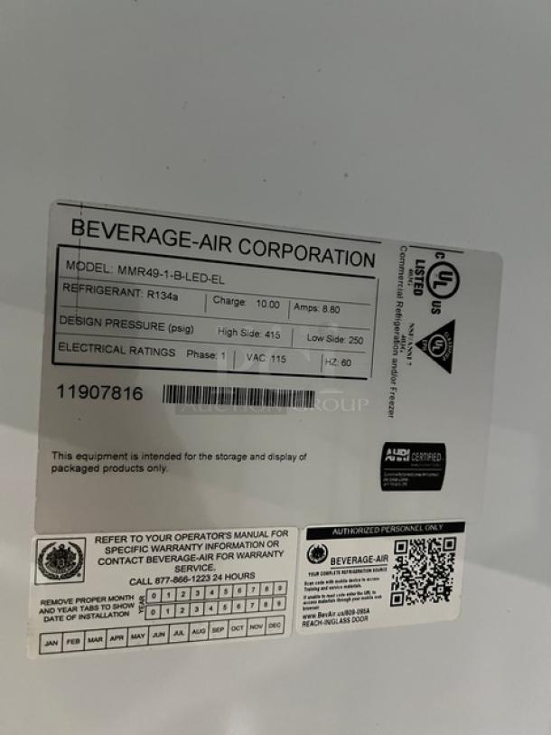 Beverage-Air MarketMax Series label, Model MMR49-1-B-LED-EL, SN: 11907816, 52" 2-Door Refrigerated Glass Merchandiser.