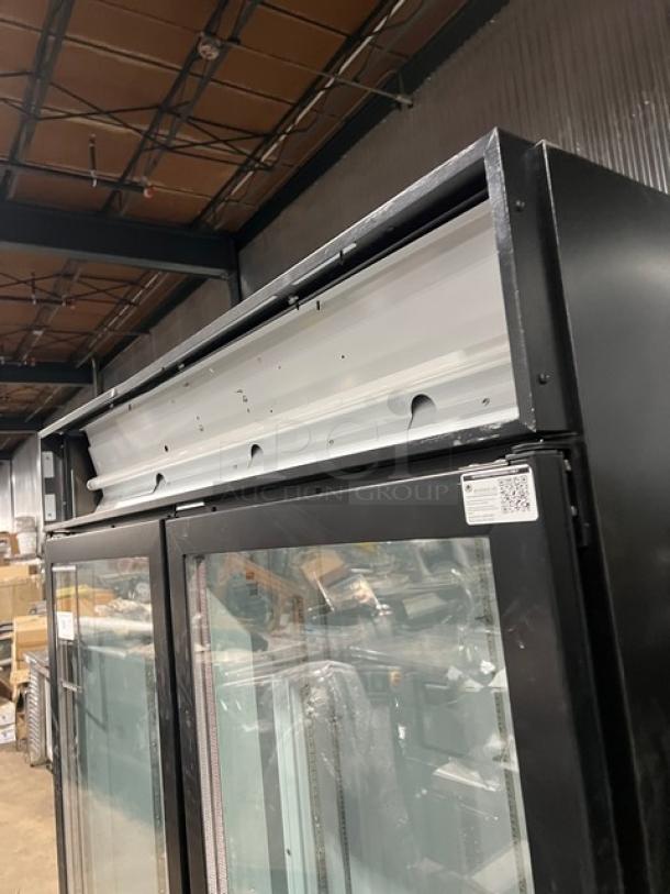 Beverage-Air MarketMax Series 52" 2-door refrigerated glass merchandiser, model MMR49-1-B-LED-EL, black, poly coated rack.