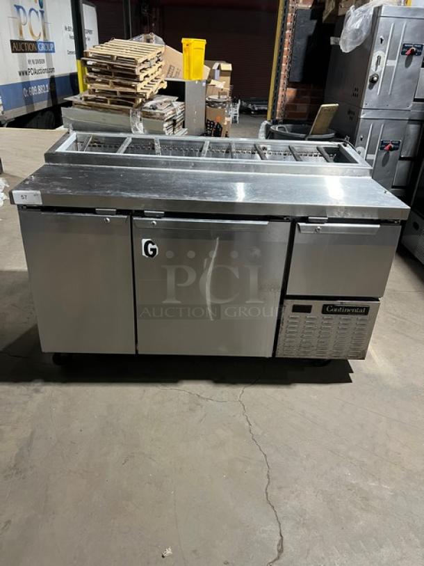 Continental CPA60 stainless steel refrigerated pizza prep table with wired rack, 115V, on casters, model SN: 155C1556.