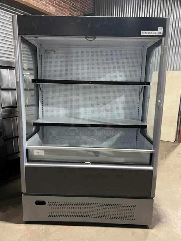 Beverage-Air VM-18 black refrigerated open merchandiser, multi-tier, adjustable shelves, pull-down night curtain, 120V, 1 Phase.