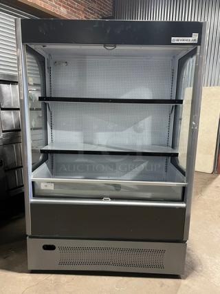 Beverage-Air VM-18 black refrigerated open merchandiser, multi-tier, adjustable shelves, pull-down night curtain, 120V, 1 Phase.