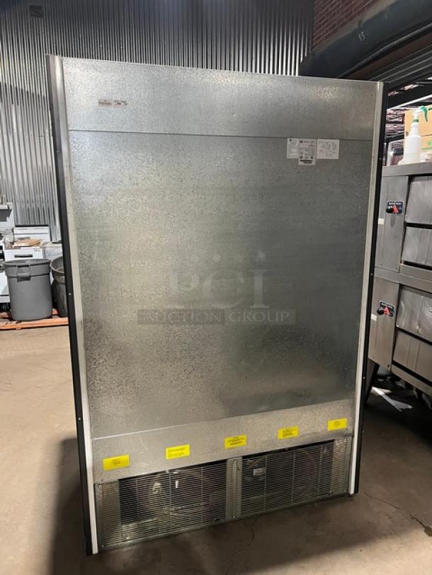 Beverage-Air VM18 commercial refrigerated display case, black, multi-tier, with pull-down night curtain and adjustable shelves.