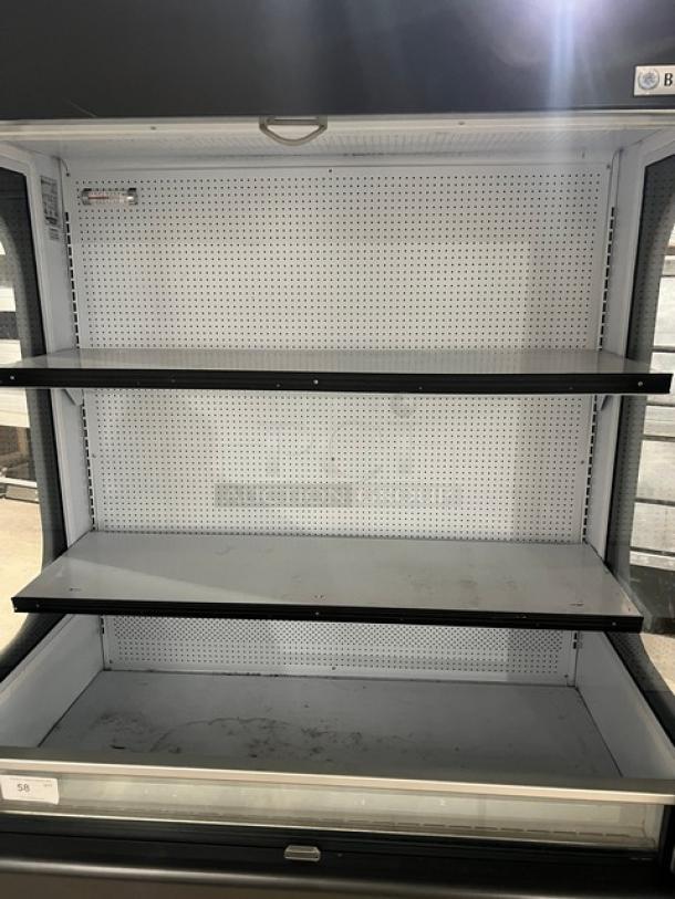 Beverage-Air VM-18 commercial refrigerated display case, black, multi-tier, pull-down night curtain, adjustable shelves.