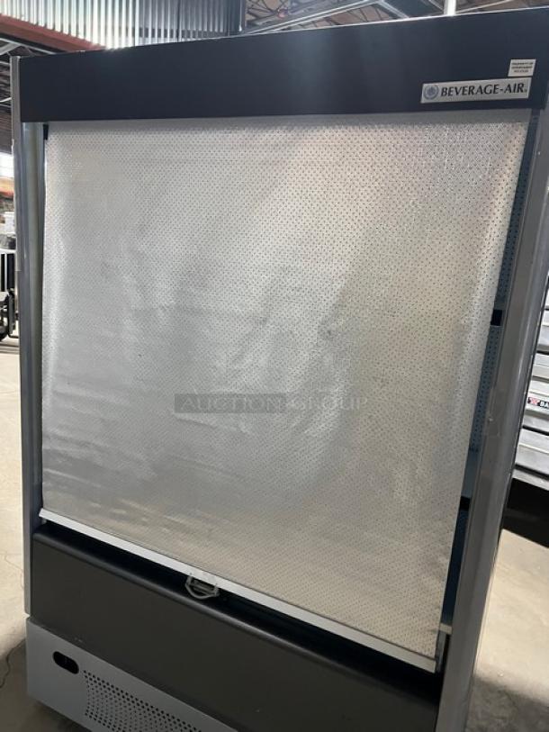 Beverage-Air VM18 black open merchandiser with pull-down night curtain and adjustable shelves; Model: VM-18, SN: 0721176-36481-U.