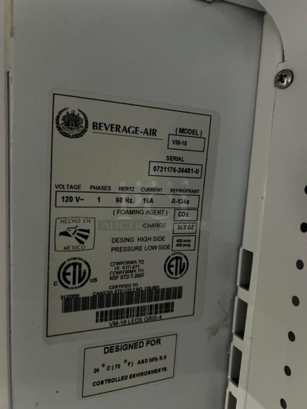 Beverage-Air VM-18 Commercial Refrigerated Display Case, black, multi-tier, pull-down night curtain, adjustable shelves. Serial: 0721176-36481-U, 120V, 1 Phase.