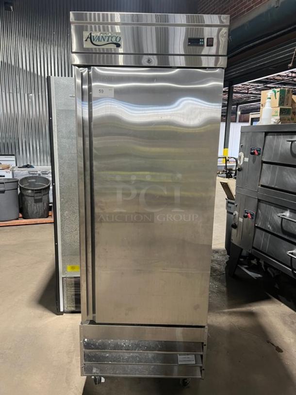 Avantco CFD Series commercial stainless steel single door reach-in freezer, model 178CFD1FF, with poly-coated rack, on casters.