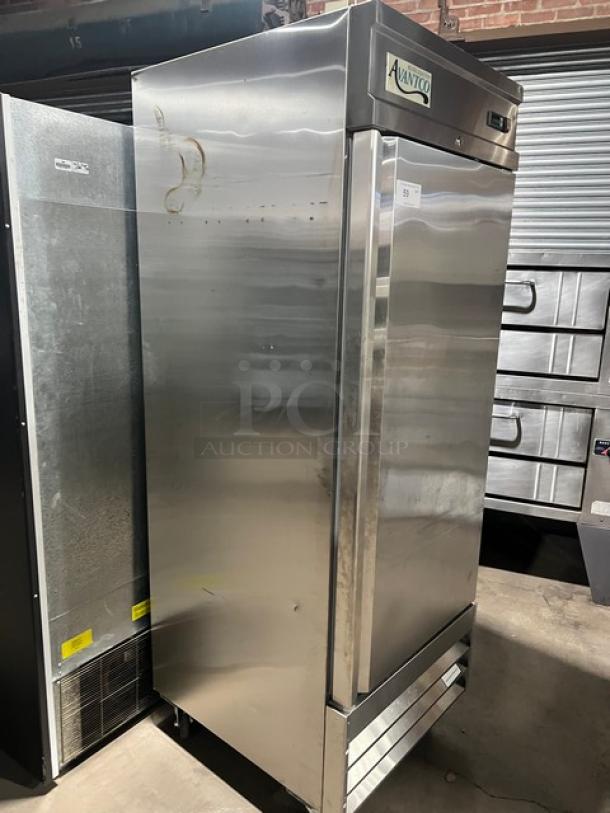 Avantco CFD Series stainless steel single door reach-in freezer, model 178CFD1FF, on casters, with poly coated wired rack.