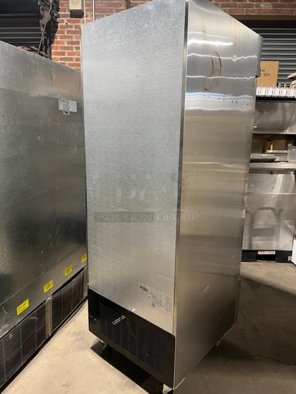 Avantco CFD Series stainless steel single door reach-in freezer, model 178CFD1FF, with poly-coated rack, on casters.