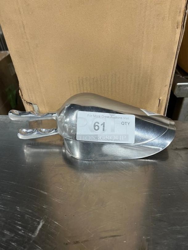 Winco AS-38 handheld scoop, 38 oz capacity. New condition, aluminum, commercial use. Item number 61 visible on label.