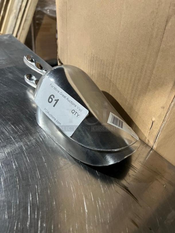 Winco AS38 aluminum 38 oz. handheld scoop, new condition, polished finish, marked with auction label "61".