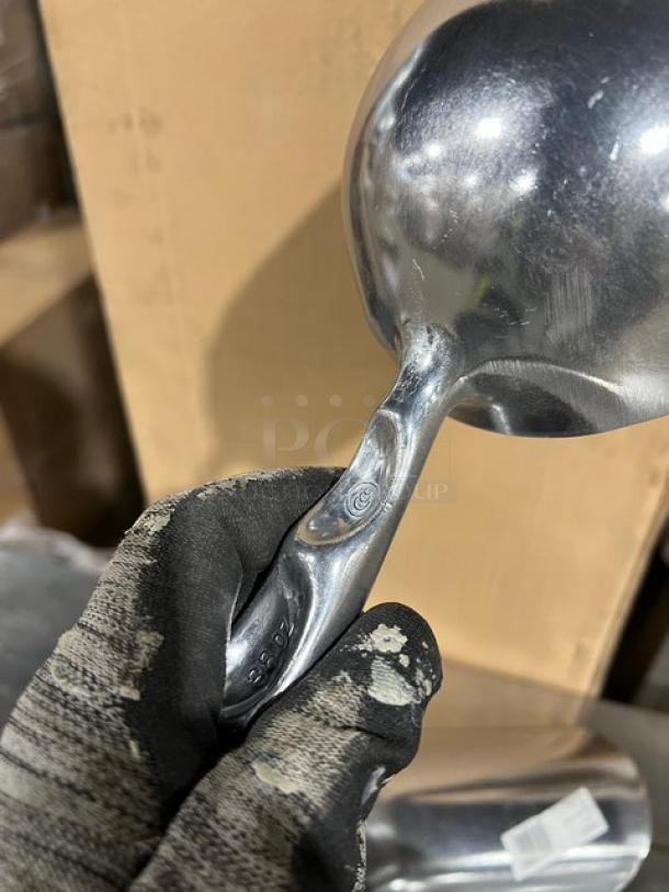 NEW Winco Commercial Aluminum Handheld Scoop, 38 Oz, Model AS-38, durable design. Markings indicate model and brand.