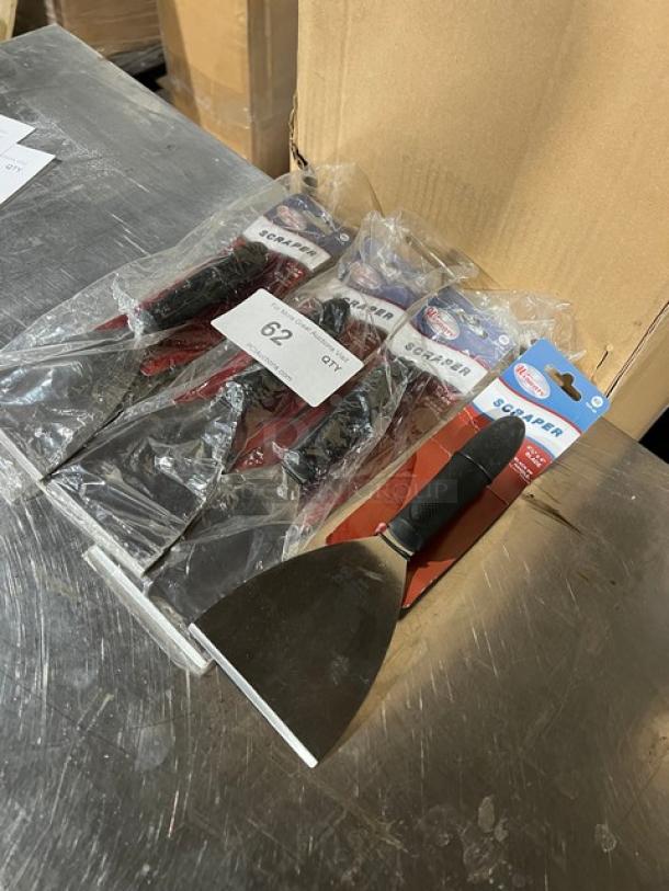 Winco Winware TKP-40 scraper, stainless steel, black slip-resistant handle, new condition, in packaging, model TKP40.