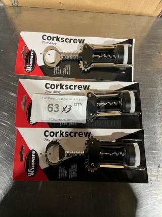 Winco Winware CO701 zinc alloy corkscrews, butterfly design, new in packaging, set of 3.