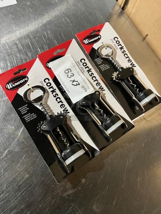 Winco Winware CO701 corkscrew, zinc alloy, butterfly design, new in packaging, mechanical, three units shown.