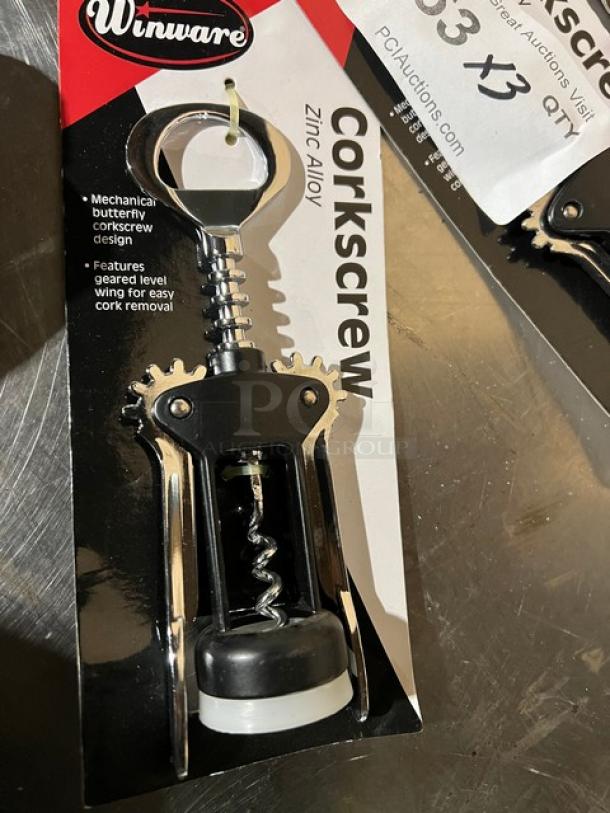 Winco Winware Series CO701 corkscrew, new in packaging. Zinc alloy, mechanical butterfly design, geared wing for cork removal.