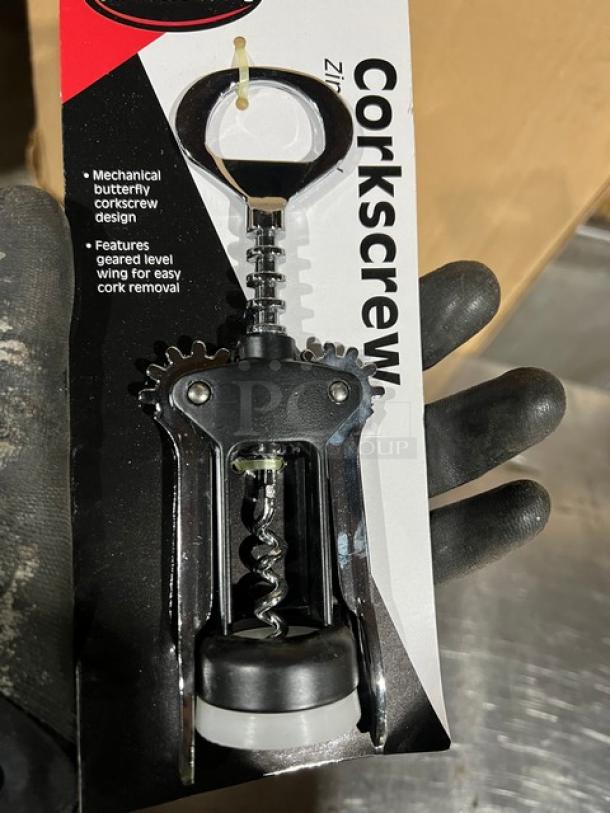 NEW Winco Winware CO-701 zinc alloy corkscrew, butterfly design, mechanical geared wings, in original packaging, for easy cork removal.