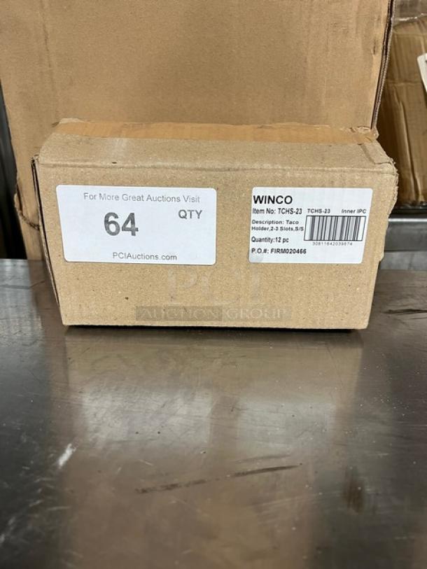 Winco TCHS23 stainless steel taco holder, new in box, 2-3 slot capacity, model TCHS-23, commercial use.