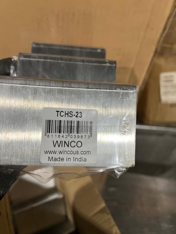 Winco TCHS-23 stainless steel taco holder with 2-3 slots, new condition, labeled "Made in India."