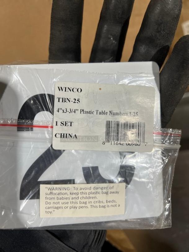 Winco TBN-25 tabletop placard set, numbers 1-25, new in packaging, 4"x3-3/4", white, includes warning label, made in China.