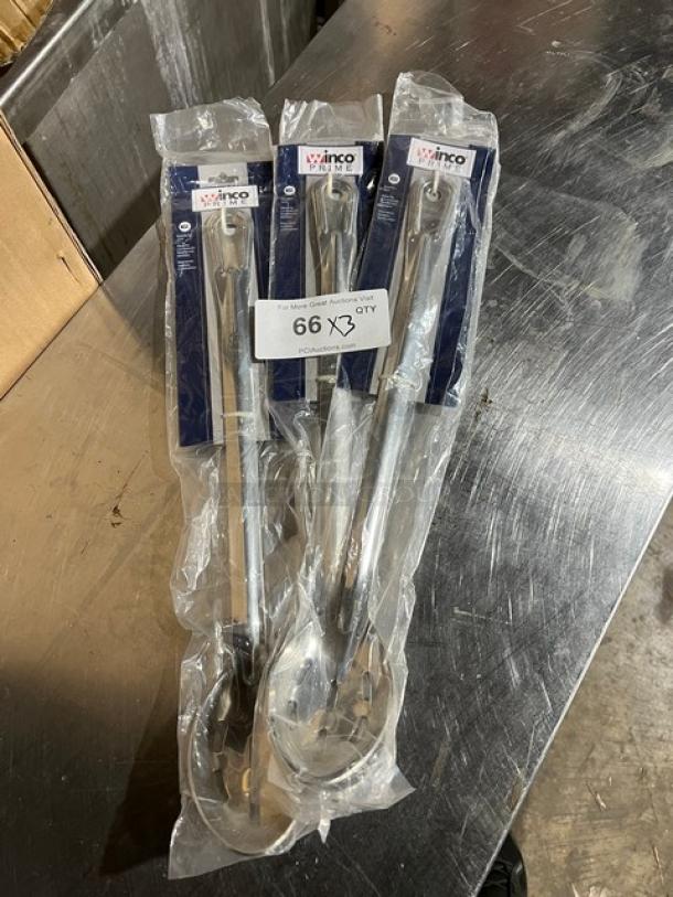 Three new Winco Prime Series 18" slotted basting spoons, model BSSN-18, in sealed packaging.