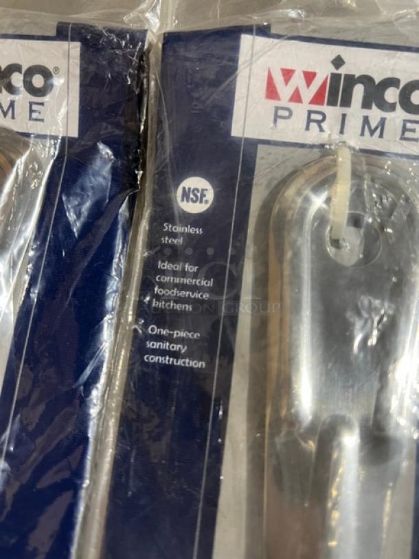NEW Winco Prime Series 18" stainless steel slotted basting spoon, Model BSSN-18, in packaging. NSF certified, ideal for kitchens.
