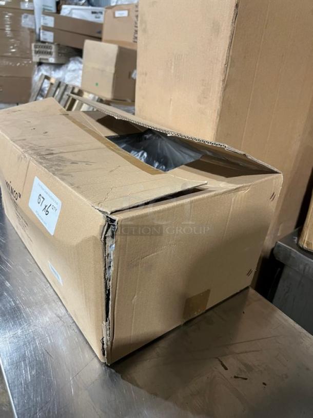 New Winco SPFP6 stainless steel 6" deep perforated steam table pan in box, minor box wear, model info visible.