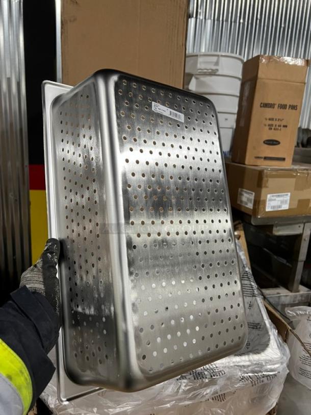Winco SPFP6 stainless steel perforated steam table pan, full-size, 6" deep, new condition, durable commercial quality.