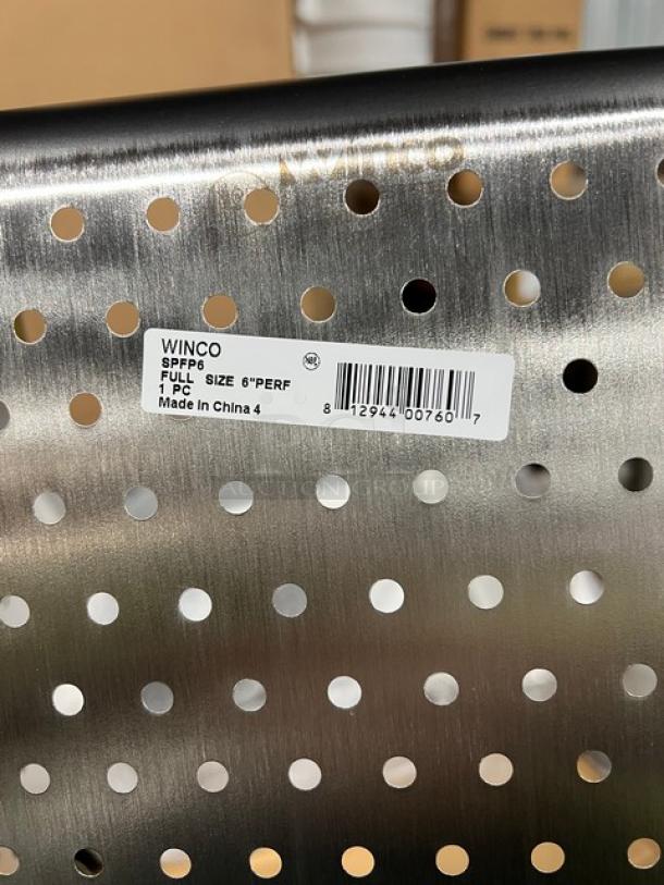 Winco SPFP6 stainless steel 6" deep perforated steam table pan, new condition, labeled with model and origin.