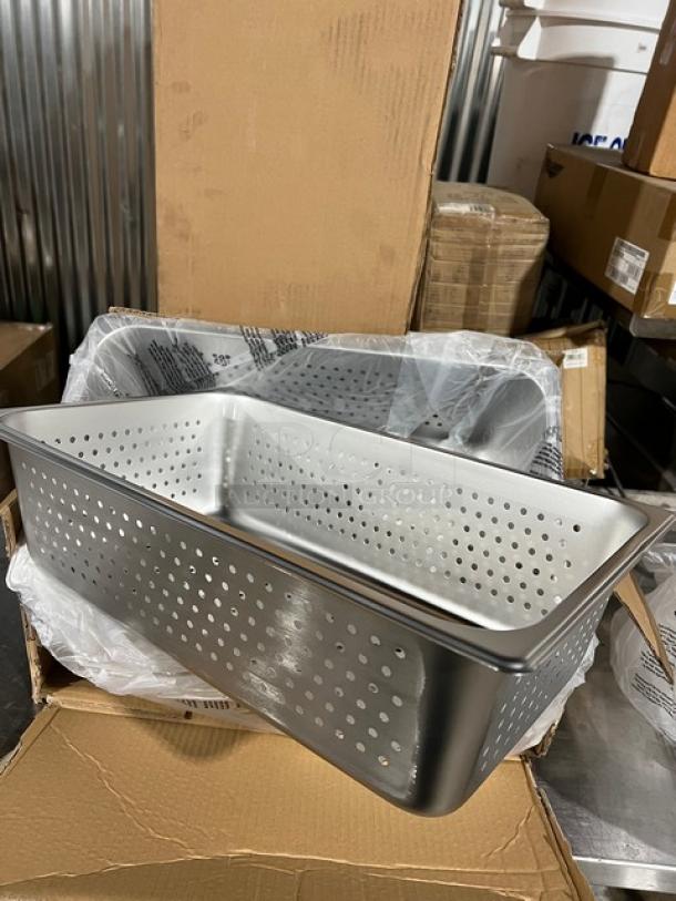 Winco SPFP6 stainless steel perforated steam table pan, full-size, 6" deep, new condition, in packaging.