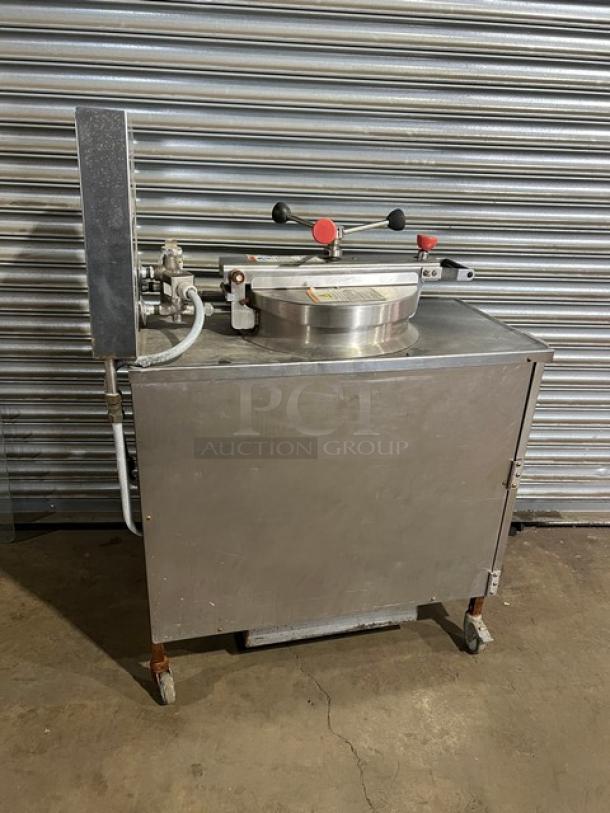 BKI 2015 LPFF stainless steel electric pressure fryer, color-keyed locking spindle, lid-lock system, 208V 3 phase, on casters.