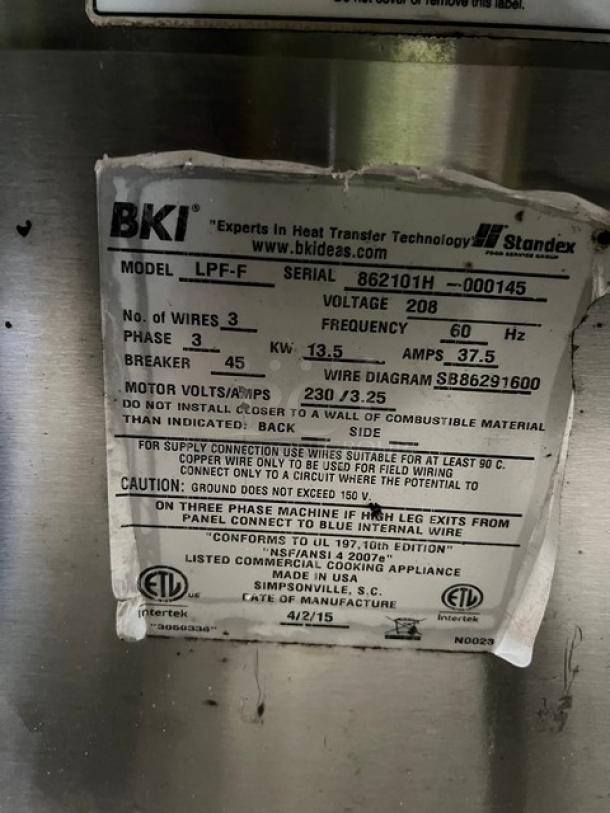 BKI 2015 Commercial Stainless Steel Electric Pressure Fryer, Model LPF-F, with color-keyed locking spindle, 208V 3 Phase.