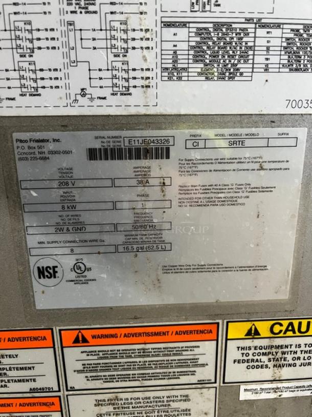 Pitco SRTE commercial stainless steel pasta cooker, 16.5-gal capacity, 208V, 1 Phase, with digital control and back splash. Serial: E11JE043326.