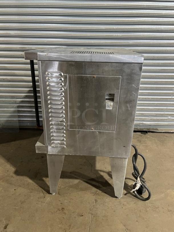 Duke Stainless Steel Electric Single Stack Convection Oven, wired rack, on legs, commercial grade, used condition.
