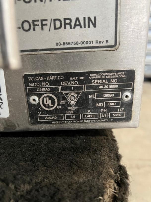 Vulcan C24EA3 Commercial Stainless Steel Electric 3-Pan Convection Steamer, Model: C24EA3, Serial: 46-3016880, 208/240V.