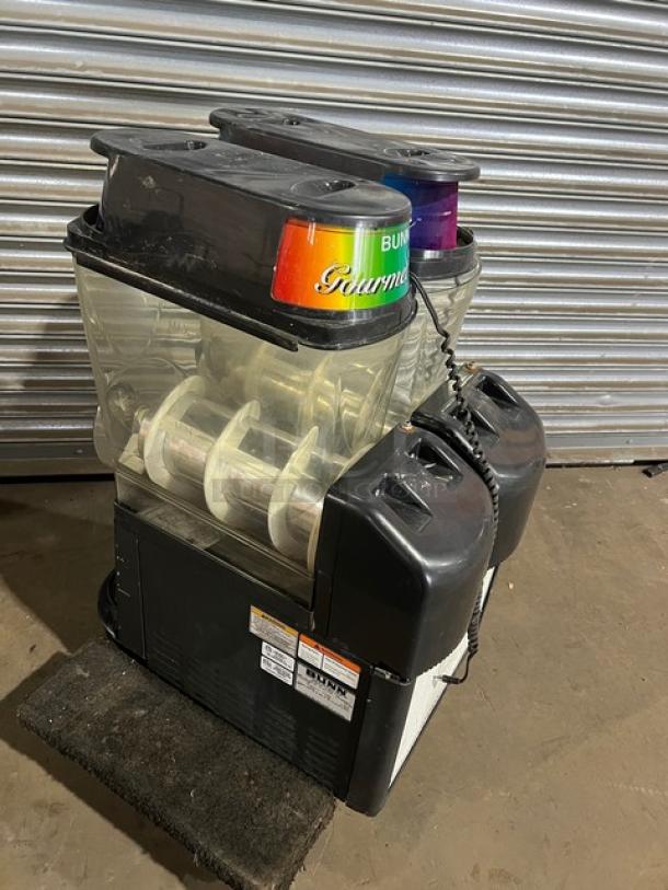 Bunn Granita Series CDS2 commercial frozen beverage machine with two 3-gallon hoppers, drip tray, and visible model labels.