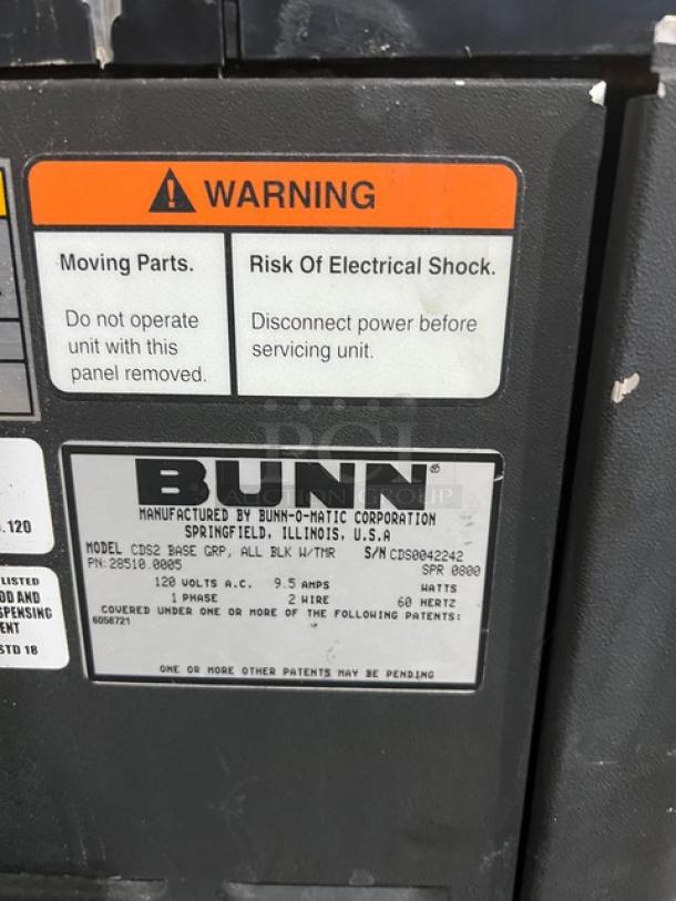 Bunn Granita Series CDS2 frozen beverage machine label, showing model and serial numbers, voltage, and warnings.