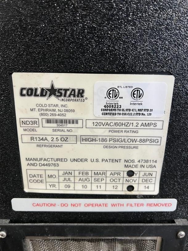 Cold Star ND3R commercial refrigerated dispenser, electric, 3-flavor, black, 120V, SN: 304517, ETL listed, made in USA.