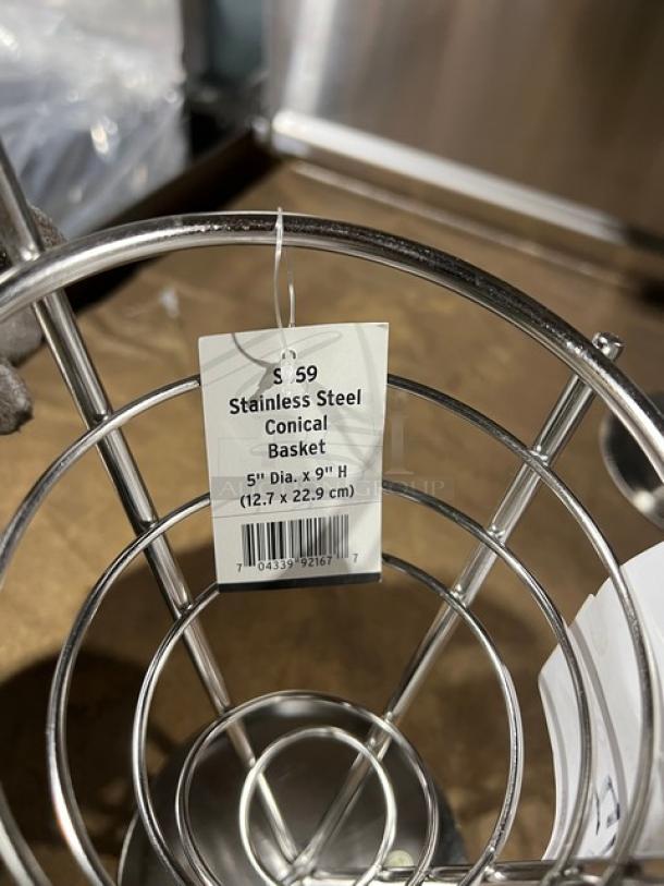 American Metalcraft model SS59 stainless steel conical serving basket. New, 5" diameter, 9" height, labeled for commercial use.
