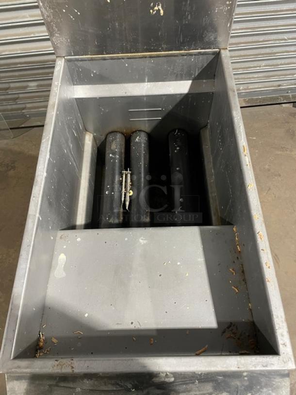 Asber stainless steel deep fryer, model AEF-4050-S-E-NG, with back splash. Natural gas, on casters, shows some wear.