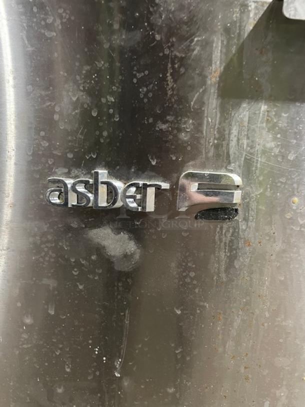 Asber stainless steel deep fat fryer, model AEF4050SENG, natural gas, slight surface wear, on casters, visible branding.