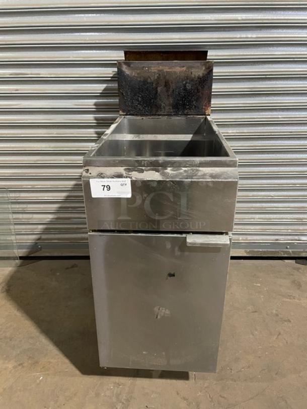 Asber AEF4050SENG stainless steel natural gas deep fat fryer with back splash, on casters, used condition.