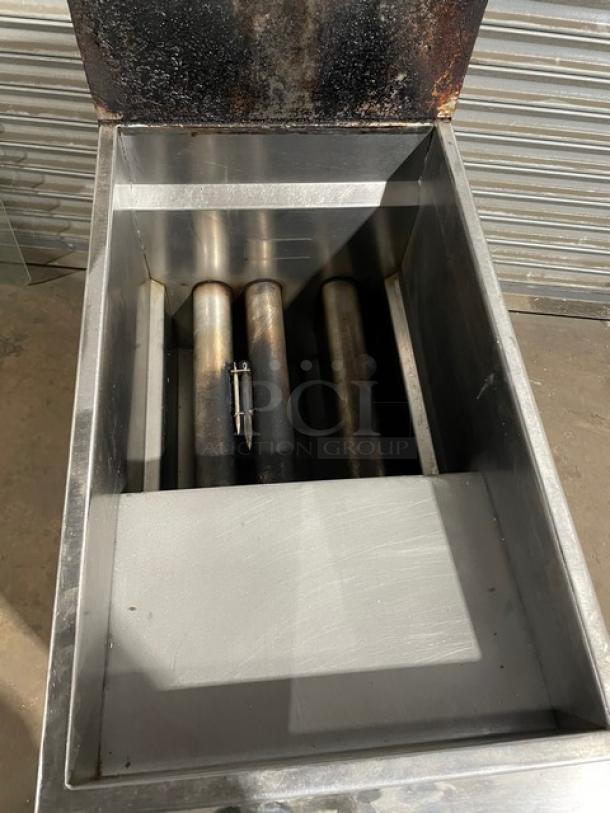 Asber AEF4050SENG stainless steel natural gas deep fryer, 40/50 lb. capacity, with back splash and casters, shown open.