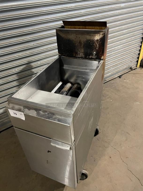 Asber AEF4050SENG stainless steel deep fat fryer, natural gas, 40/50 lb capacity, with back splash, on casters, used condition.