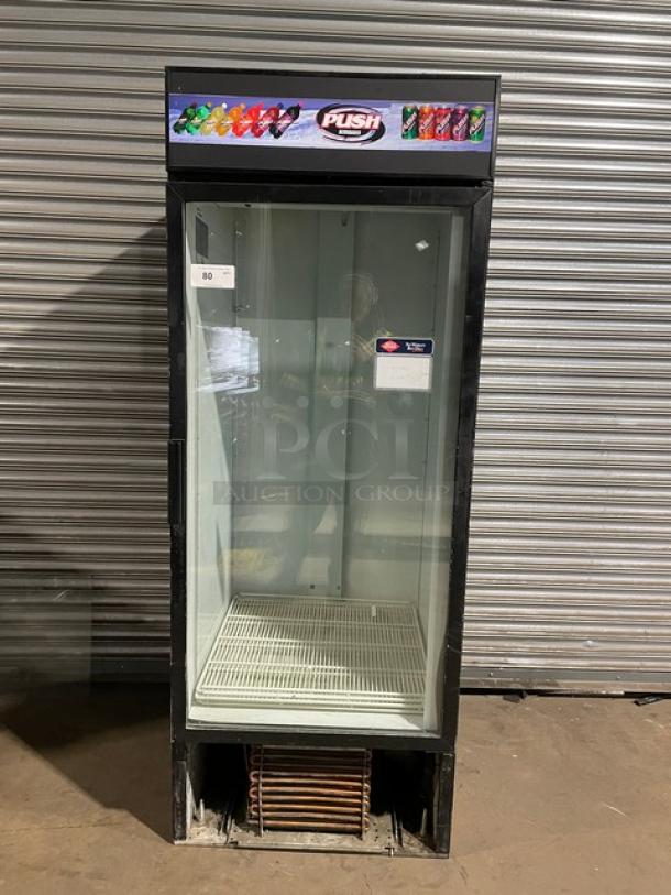Beverage-Air MT27 commercial black glass door refrigerator, poly-coated rack, model MT27, SN: 7685020, 115V, 1 Phase.